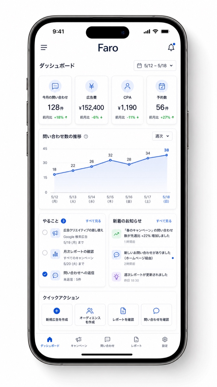 Faroダッシュボードのスマホ画面。