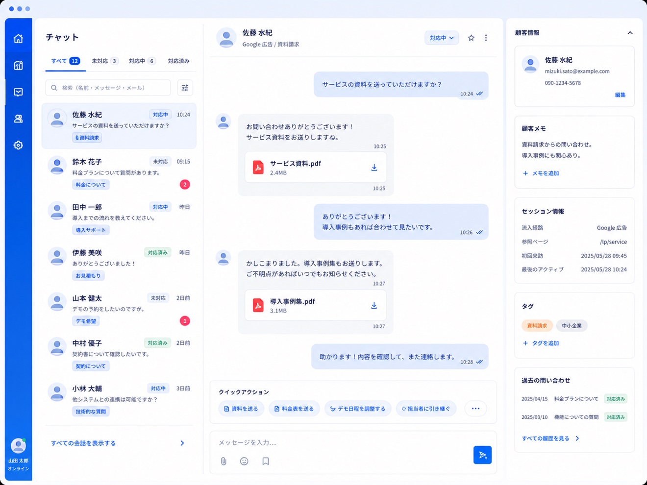 チャット画面。顧客とのやり取りと、顧客情報・流入経路・過去の問い合わせ履歴を同じ画面で確認できます。