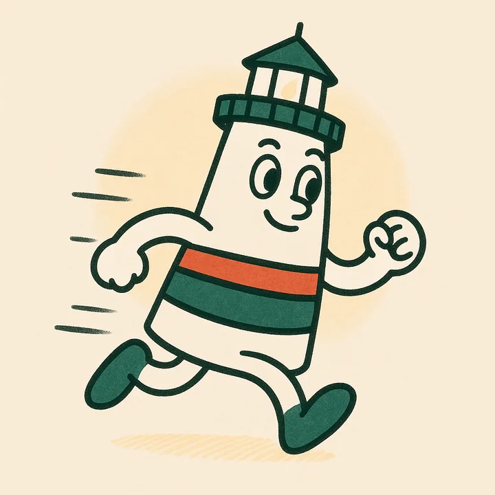灯台キャラ・ファロが急いで走っているイラスト